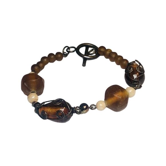 Brown Glass Beaded Bracelet 5.25” Wrapped Wire Copper Bohemian - Picture 6 of 11